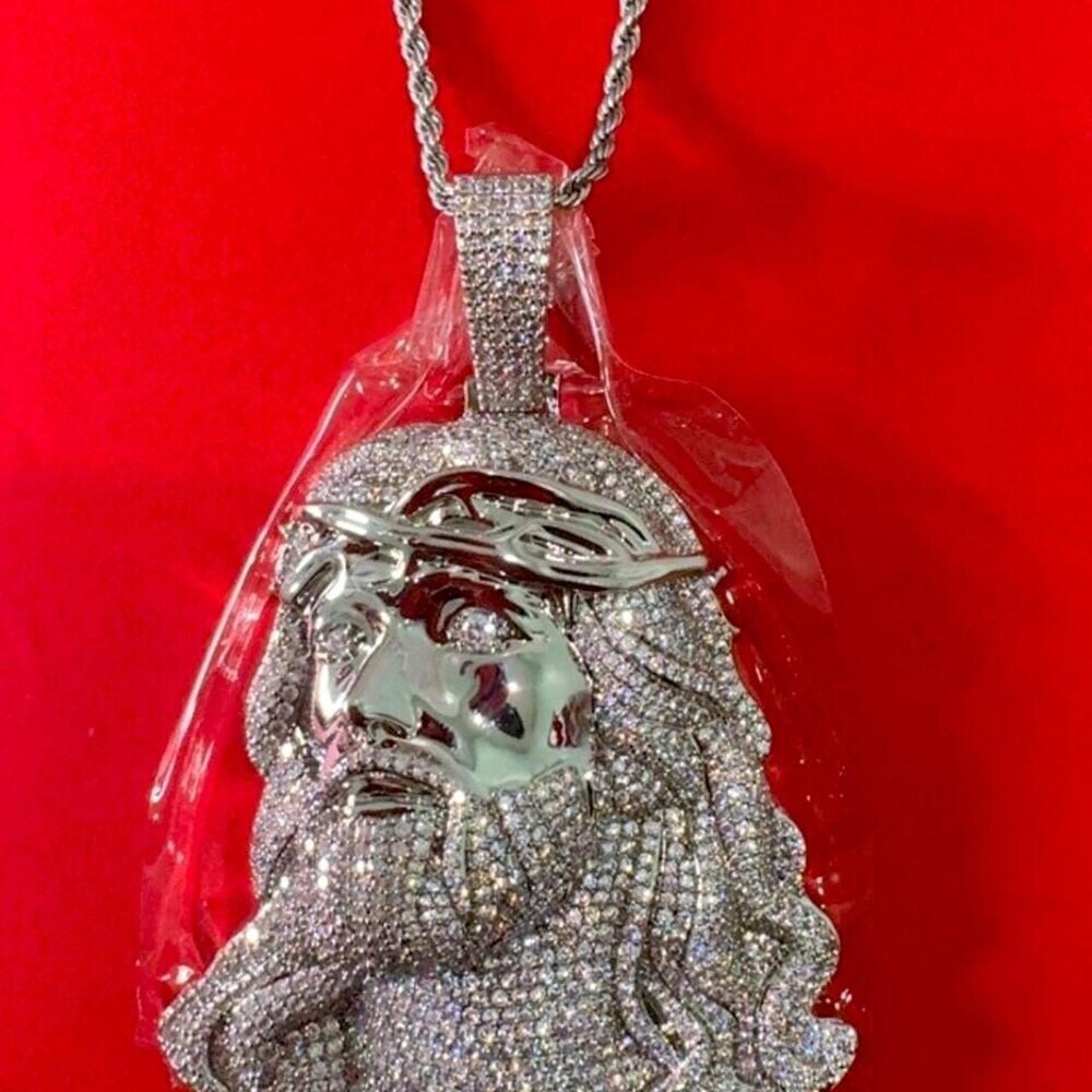Iced Out Jesus Piece Pendant, Silver Rope Chain, CZ Hip Hop Necklace - Picture 5 of 9
